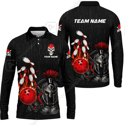 Custom Bowling Jersey Polo Shirt, Fire Bowling Knight Rain Skull Logo, Personalize Name & Team Name