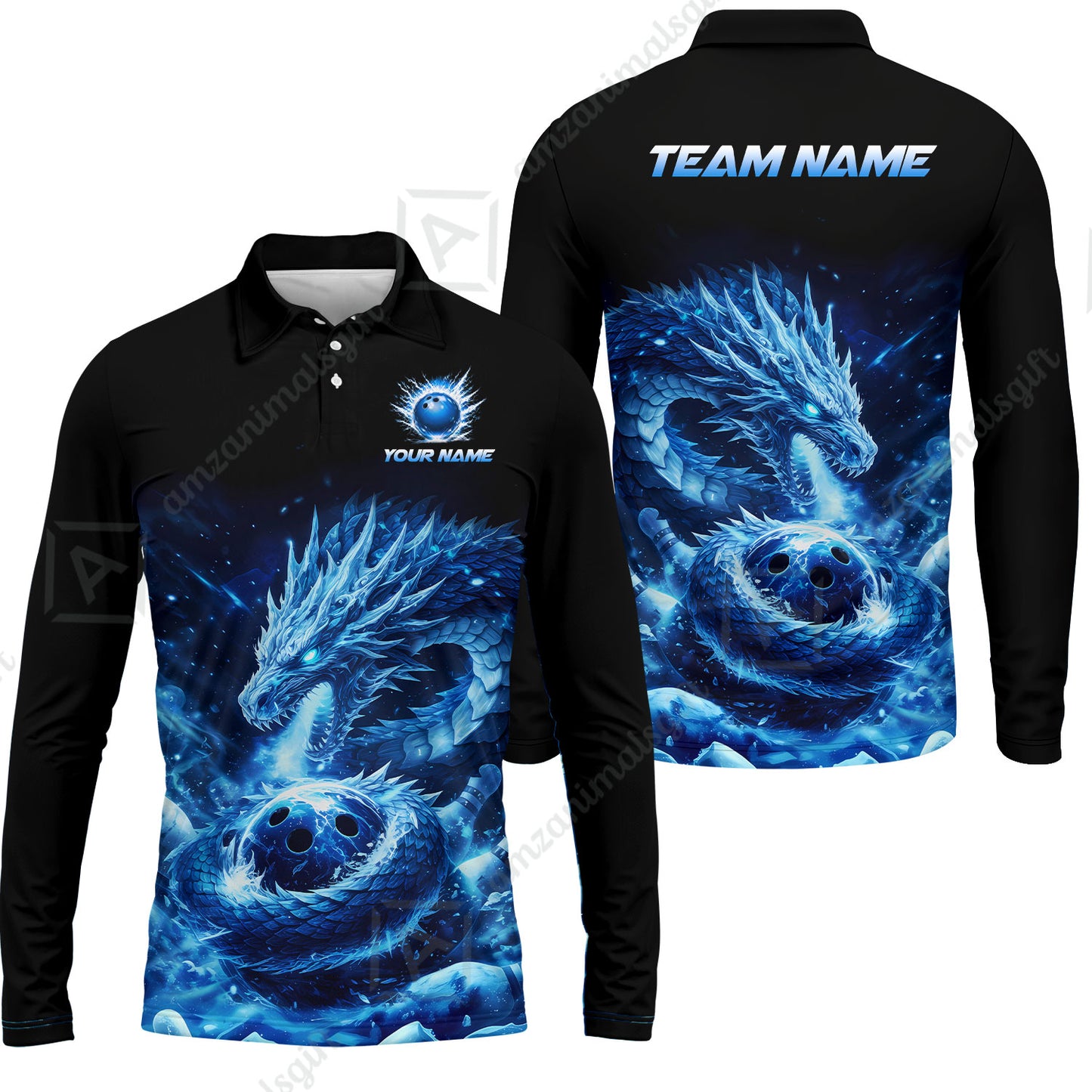 Custom Bowling Jersey Polo Shirt, Mythical Ice Dragon Strike, Custom Bowling Jersey Team Shirt For Players With Name and Team Name