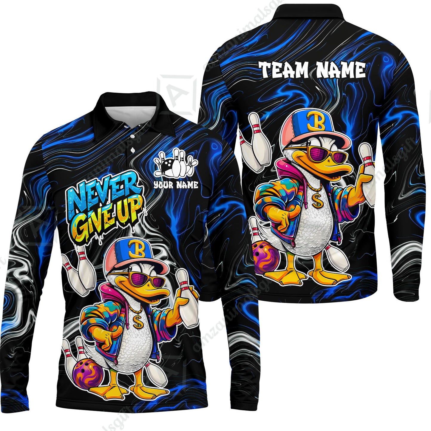 Custom Bowling Jersey Polo Shirt, Duck Never Give Up, Custom Bowling Jersey Team Shirt For Players With Name & Team Name