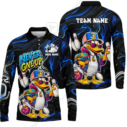 Custom Bowling Jersey Polo Shirt, Duck Never Give Up, Custom Bowling Jersey Team Shirt For Players With Name & Team Name