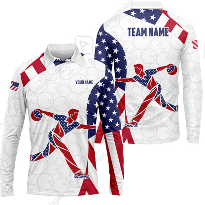 Custom Bowling Jersey Polo Shirt, Patriotic Bowler Silhouette Stars and Stripes, Custom Bowling Jersey Team Shirt For Players With Name and Team Name