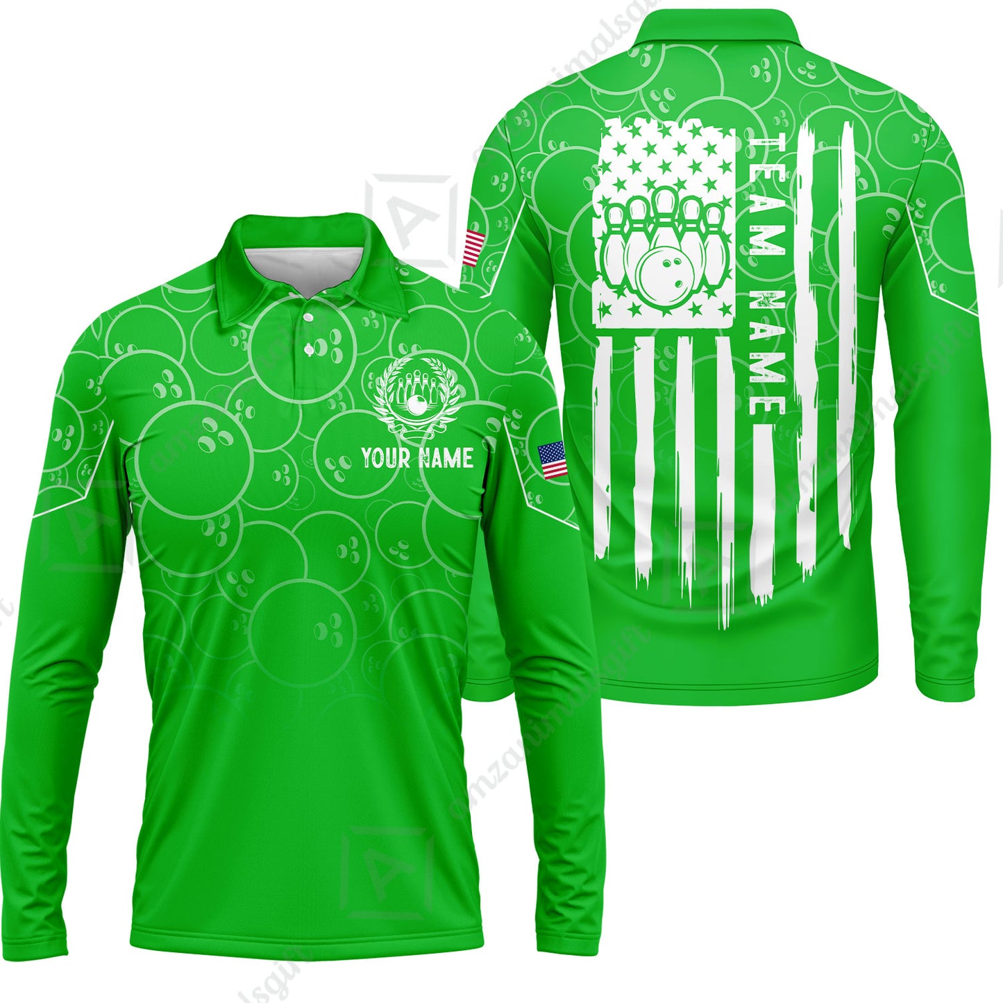 Custom Bowling Jersey Polo Shirt, Vibrant Kelly Ball Pattern Flag, Custom Bowling Jersey Team Shirt For Players With Name and Team Name