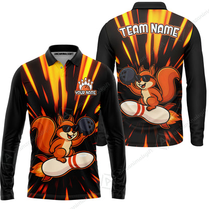 Funny Bowling Custom Polo T-Shirt - Fun Cartoon Flame With Squirrel Wearing Sunglasses, Personalized Bowling Jersey Polo Shirts