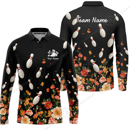 Custom Bowling Quarter Zip Polo Shirt, Floral Bowling, Custom Bowling Quarter Zip Polo Team Shirt For Players With Name & Team Name