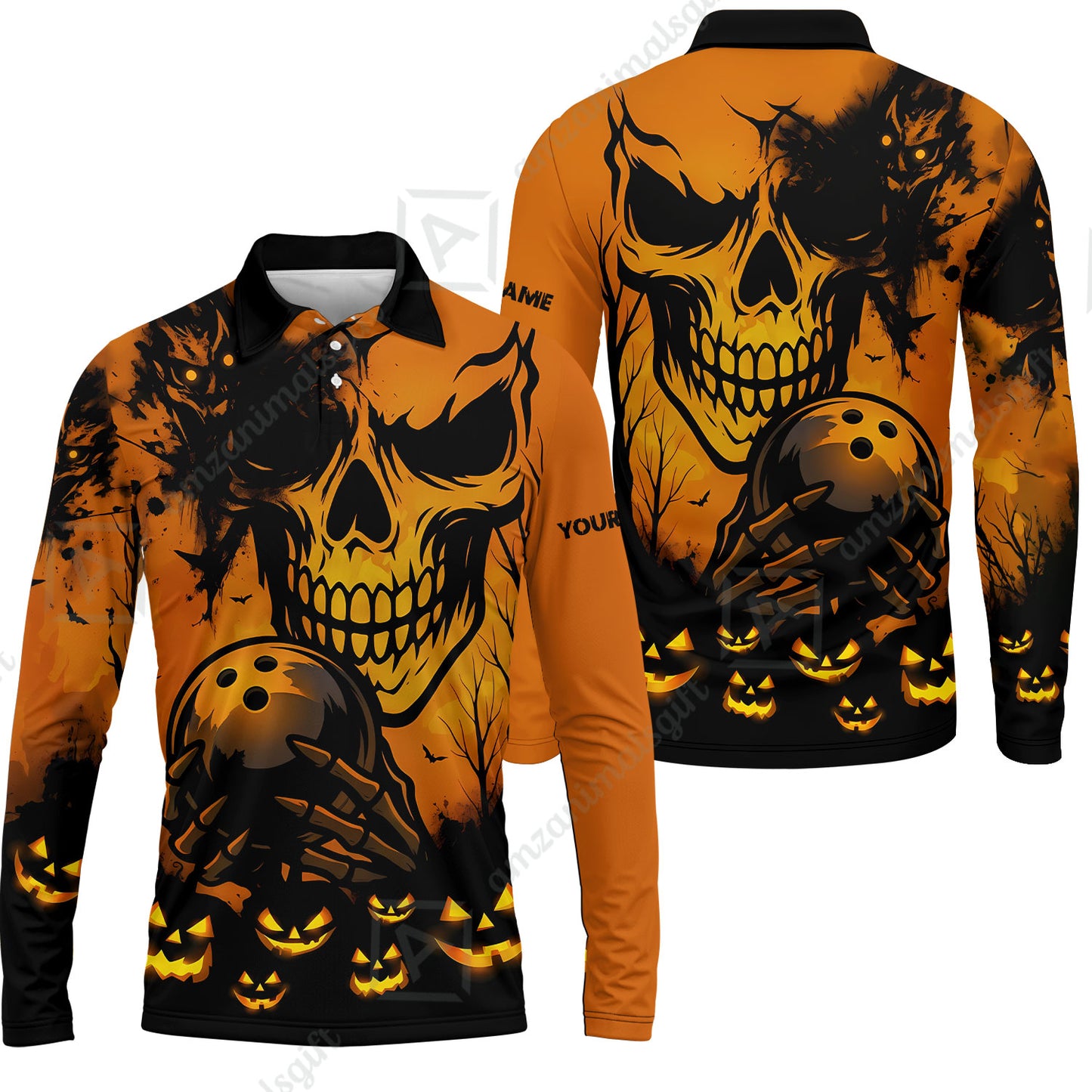 Custom Bowling Jersey Polo Shirt, Pumpkins Skull Halloween, Custom Bowling Jersey Team Shirt For Players With Name & Team Name