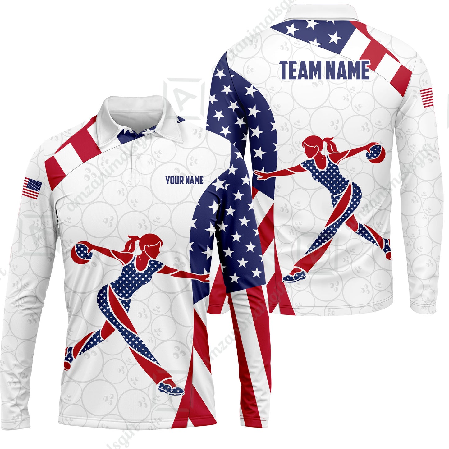Custom Bowling Jersey Polo Shirt, Patriotic Bowler Silhouette Stars and Stripes, Custom Bowling Jersey Team Shirt For Players With Name and Team Name