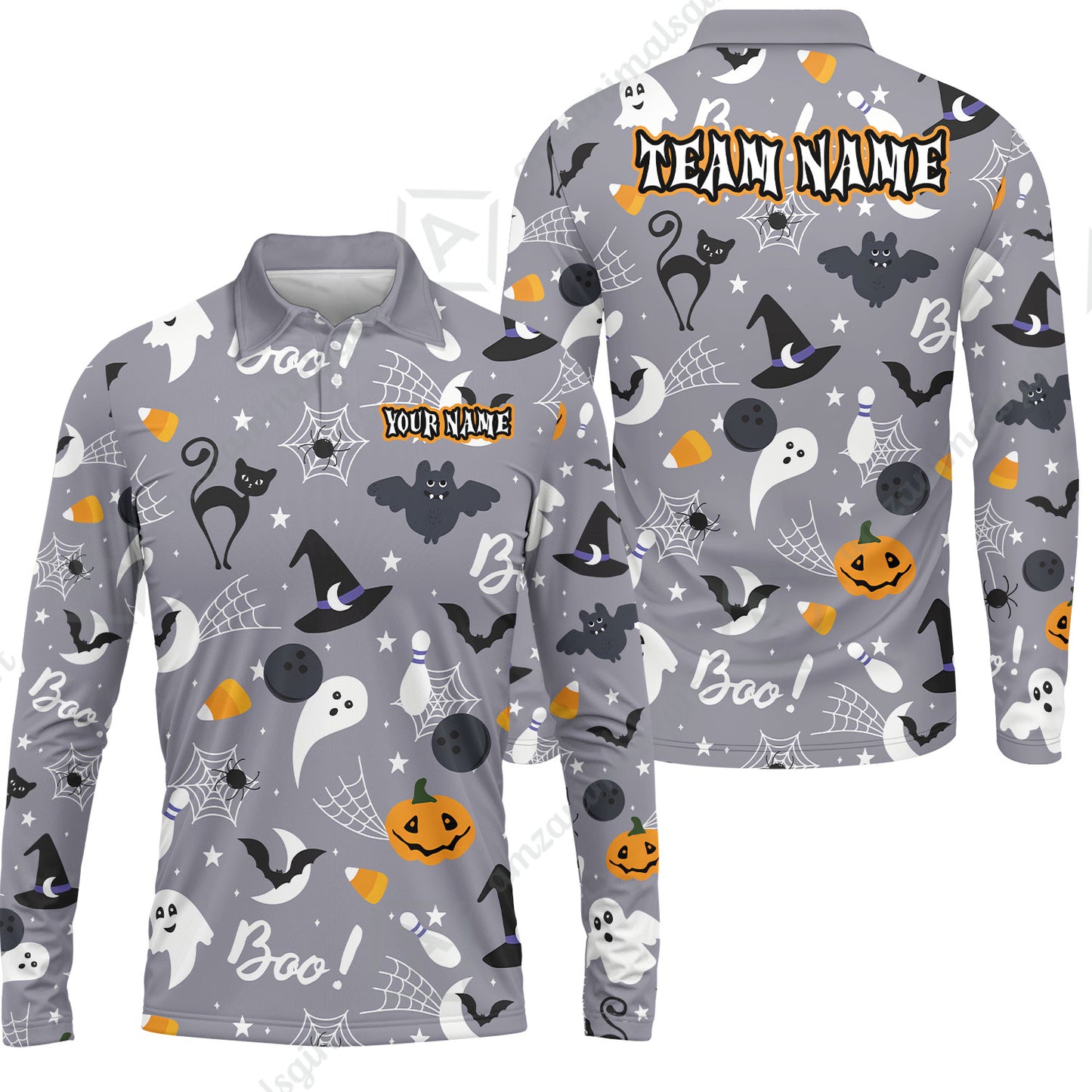 Customized Bowling Shirt, Halloween Pattern Bowling And Pin Boo Cat Ghost Bat Pumpkin, Personalized Polo Shirt For Players With Name & Team Name