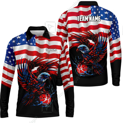 Custom Bowling Jersey Polo Shirt, Eagle America Flag Bowling Thunder, Custom Bowling Jersey Team Shirt For Players With Name and Team Name