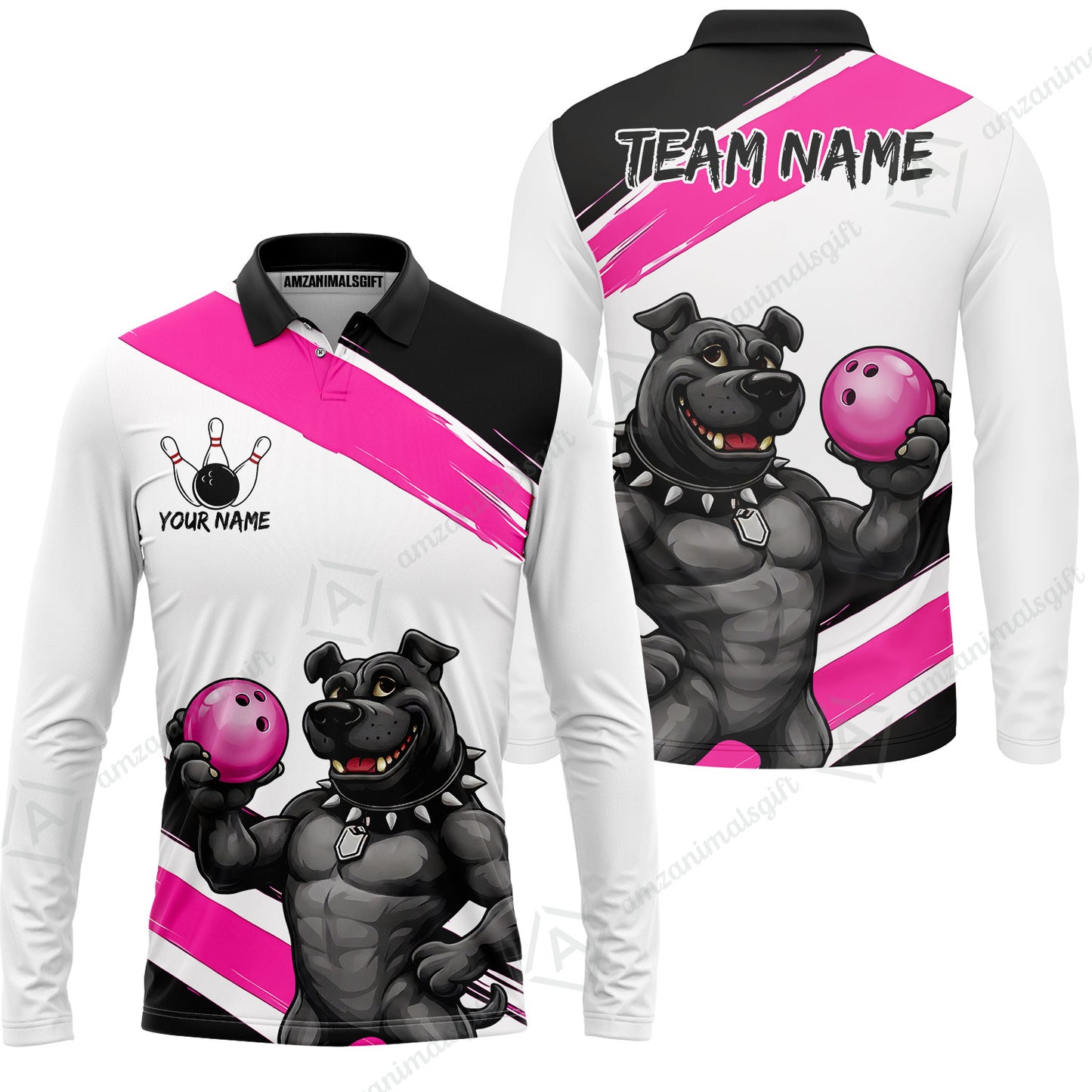 Custom Bowling Jersey Polo Shirt, Pitbull Hold Bowling Ball, Custom Bowling Jersey Team Shirt For Players With Name & Team Name