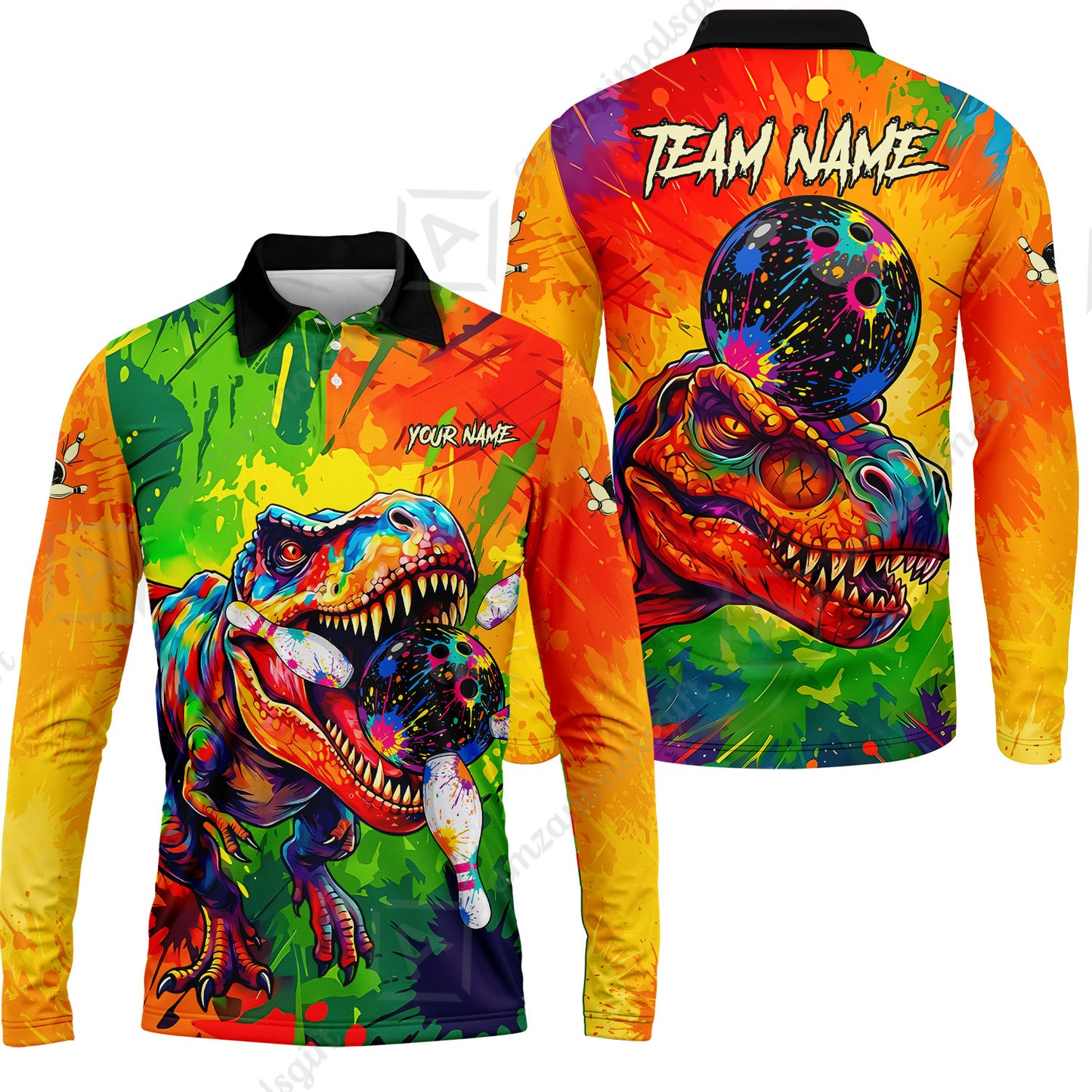 Custom Bowling Jersey Polo Shirt, Colorful Splatter T-Rex Dino, Custom Bowling Jersey Team Shirt For Players With Name and Team Name