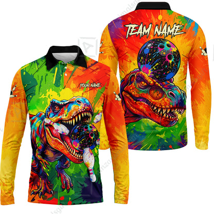 Custom Bowling Jersey Polo Shirt, Colorful Splatter T-Rex Dino, Custom Bowling Jersey Team Shirt For Players With Name and Team Name