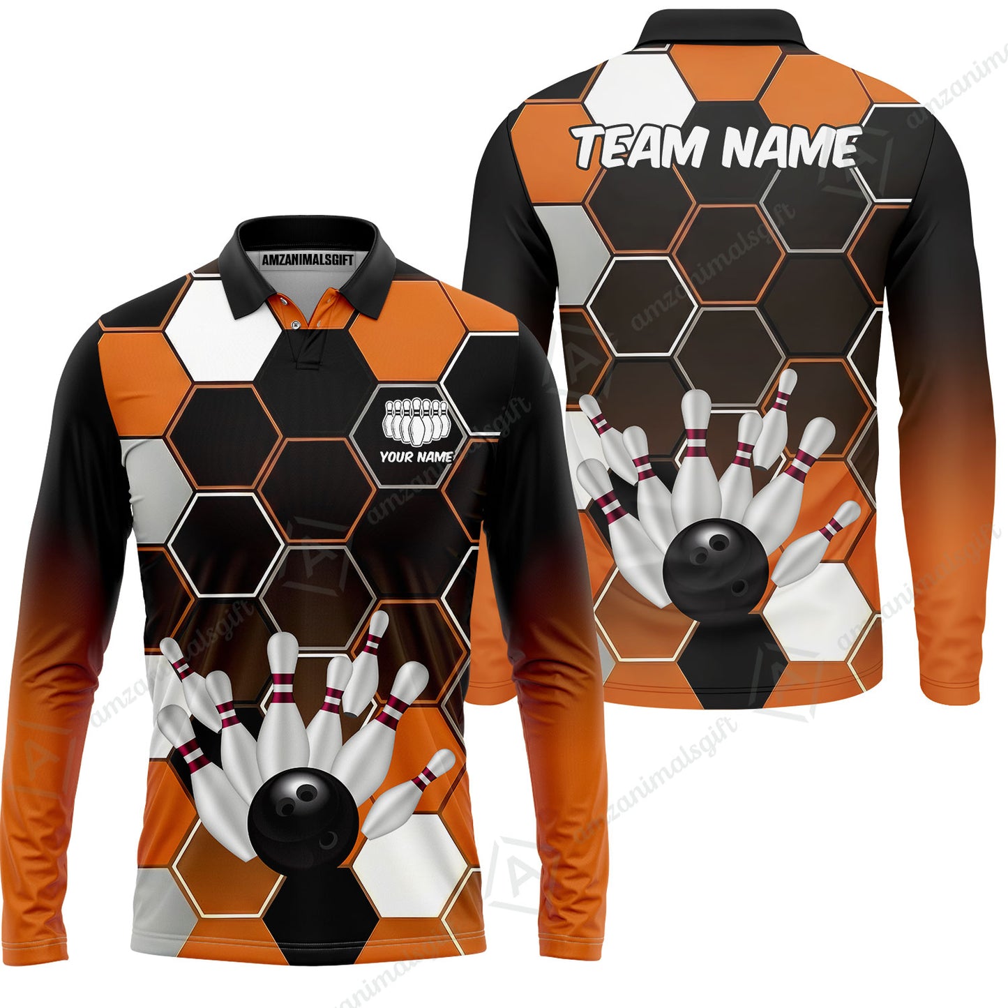 Customized Bowling Unisex Polo Shirt, Hexagon Pattern Bowling, Bowling Uniform - Personalized Name Team Name For Bowlers
