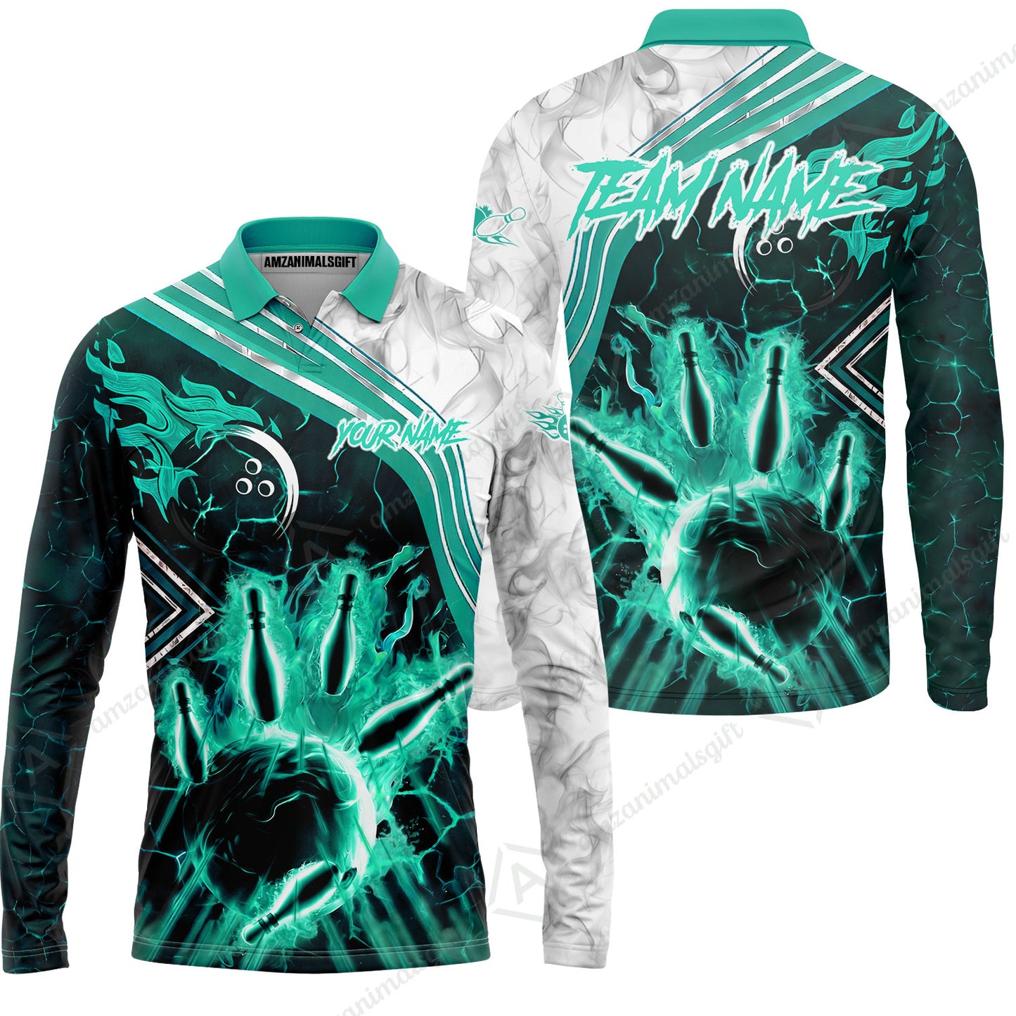 Customized Bowling Unisex Polo Shirt, Fire & Smoke Bowling Pins, Bowling Uniform - Personalized Name And Team Name