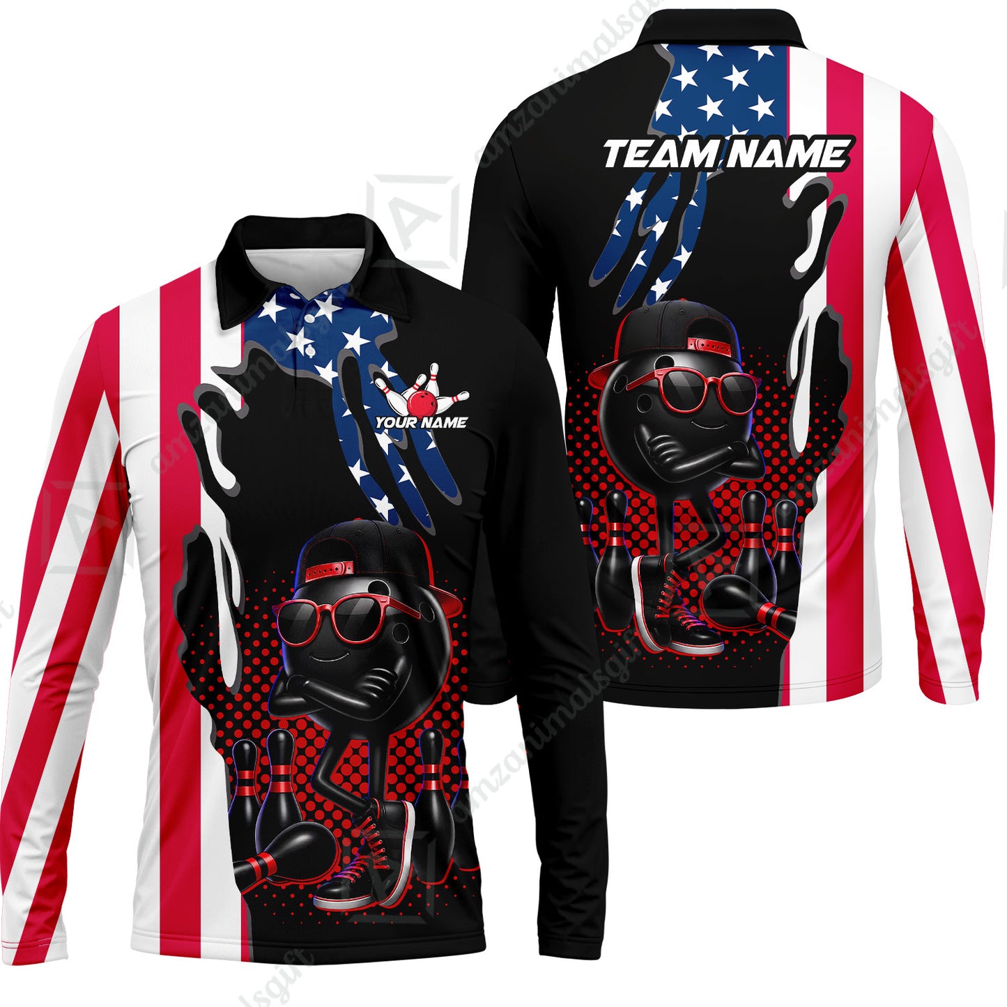 Custom Bowling Jersey Polo Shirt, Cool Hip Hop Patriotic Ball Mascot, Custom Bowling Jersey Team Shirt For Players With Name and Team Name