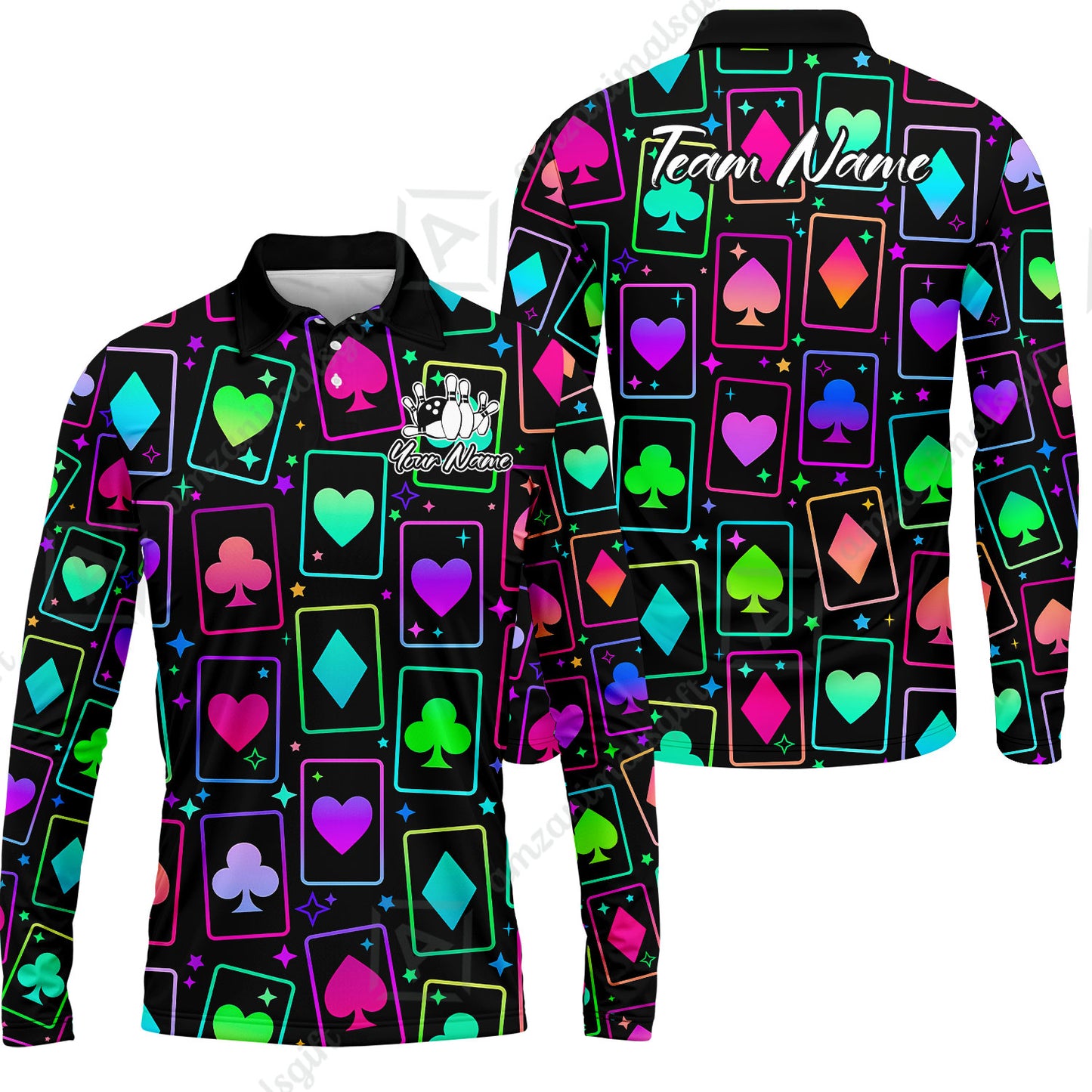 Custom Bowling Jersey Polo Shirt, Cards Neon Bowling, Custom Bowling Jersey Team Shirt For Players With Name and Team Name