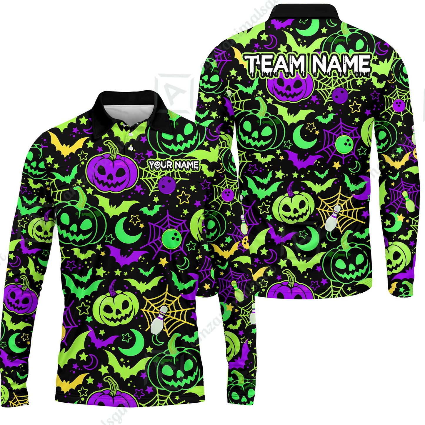 Customized Bowling Shirt, Neon Halloween Pattern Bowling And Pin Pumpkins Spider Bat, Personalized Polo Shirt For Players With Name & Team Name