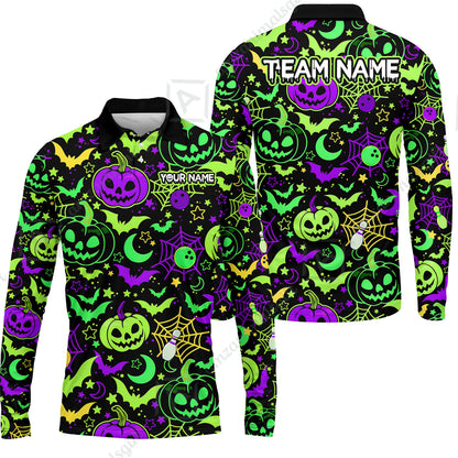 Customized Bowling Shirt, Neon Halloween Pattern Bowling And Pin Pumpkins Spider Bat, Personalized Polo Shirt For Players With Name & Team Name