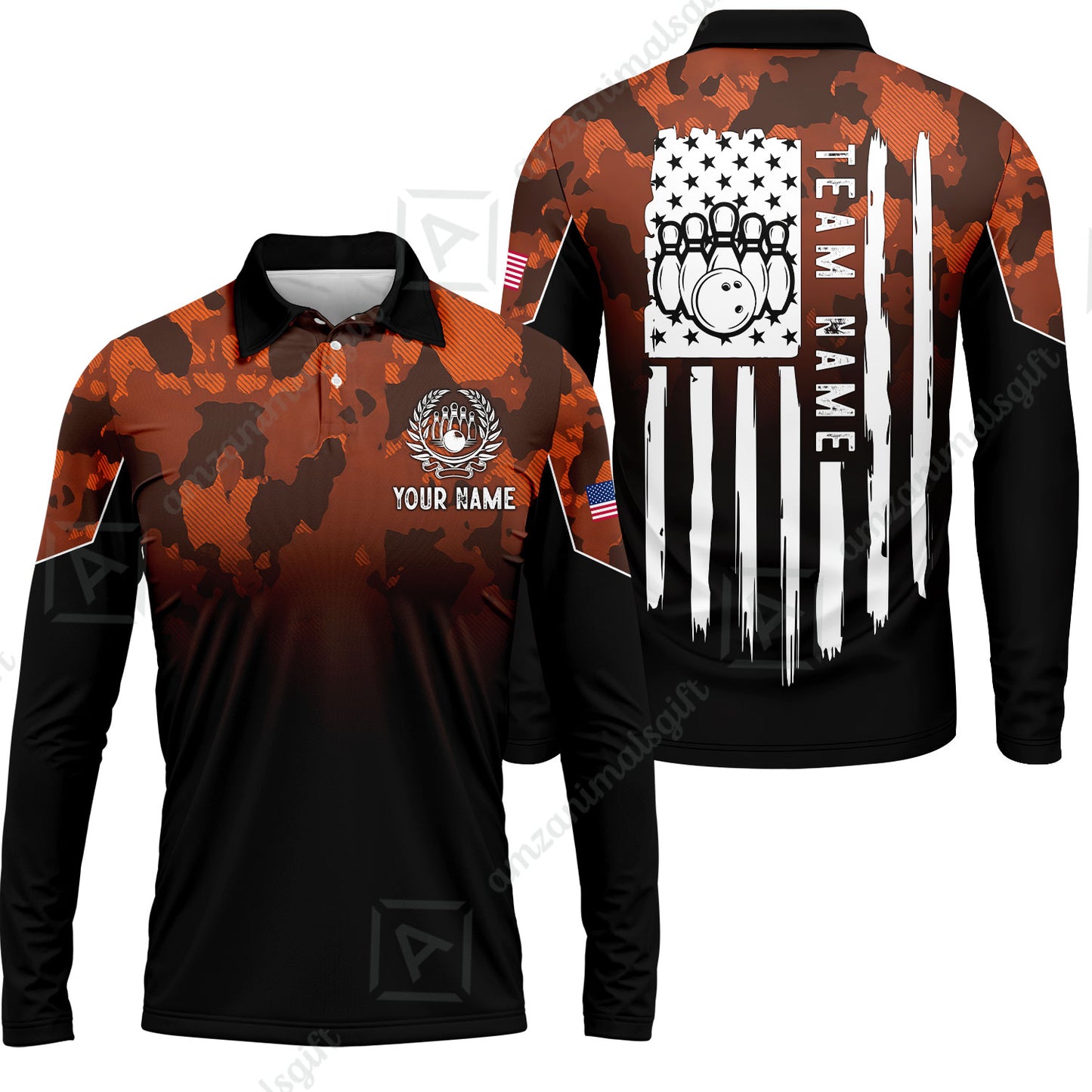 Custom Bowling Jersey Polo Shirt, Tactical Camo Patriotic Flag, Custom Bowling Jersey Team Shirt For Players With Name and Team Name