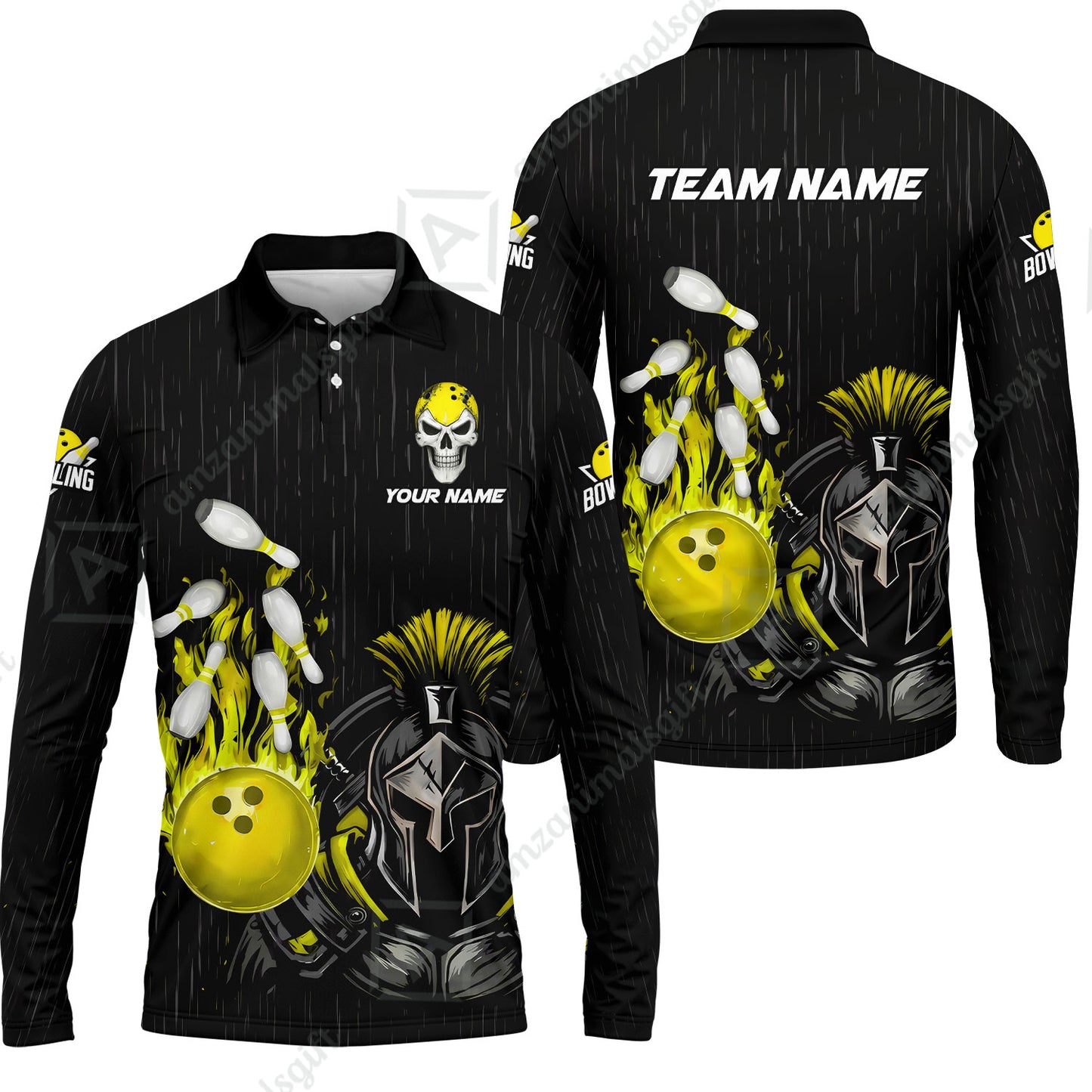 Custom Bowling Jersey Polo Shirt, Fire Bowling Knight Rain Skull Logo, Personalize Name & Team Name