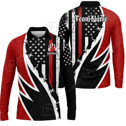 Custom Bowling Jersey Polo Shirt, Thin Red Line With Vintage Distressed American Flag, Personalize Name and Team Name