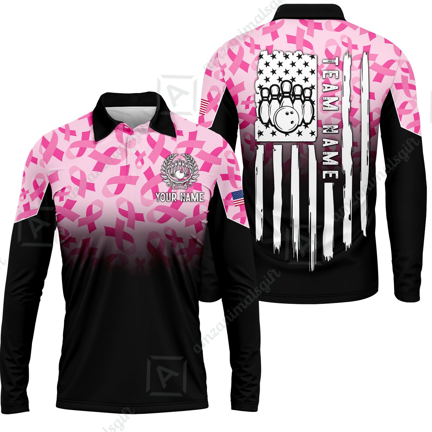 Custom Bowling Jersey Polo Shirt, Ribbon Breast Cancer Awareness Flag, Custom Bowling Jersey Team Shirt For Players With Name and Team Name
