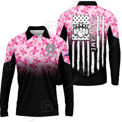 Custom Bowling Jersey Polo Shirt, Ribbon Breast Cancer Awareness Flag, Custom Bowling Jersey Team Shirt For Players With Name and Team Name