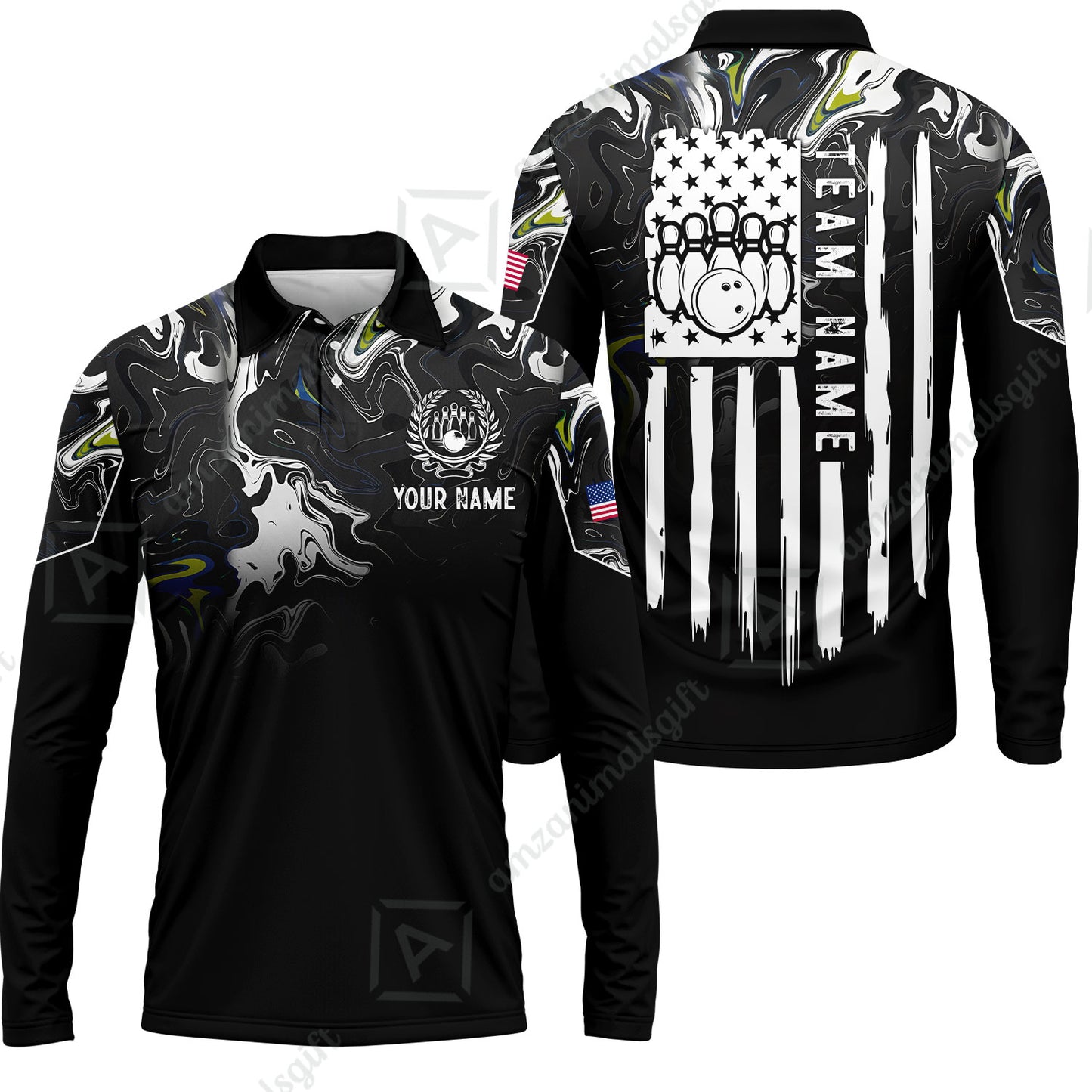 Custom Bowling Jersey Polo Shirt, Monochrome Fluid Marble Patriotic Flag, Custom Bowling Jersey Team Shirt For Players With Name and Team Name