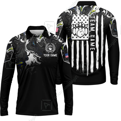 Custom Bowling Jersey Polo Shirt, Monochrome Fluid Marble Patriotic Flag, Custom Bowling Jersey Team Shirt For Players With Name and Team Name