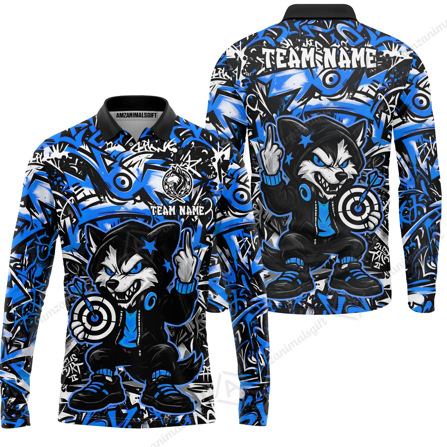 Customized Darts Team Uniform Shirt, Cool Cartoon Wolf With Dartboard, Personalized Name And Team Name