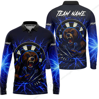 Custom Darts Team Long Sleeve Polo Shirt, Personalized Bear Thunder Lightning Darts Shirt with Name & Team Name