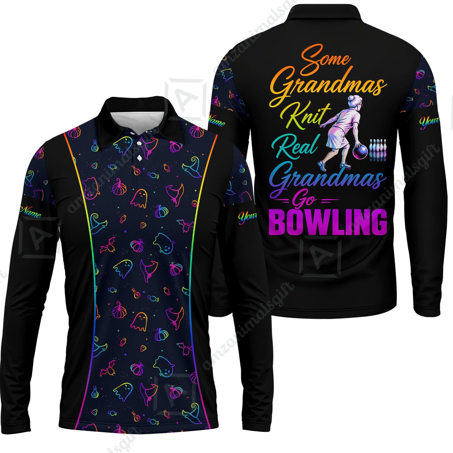 Custom Bowling Jersey Polo Shirt, Some Grandmas Bowl Real Grandmas Play Bowling Halloween Rainbow Pattern, Personalized Name And Team Name