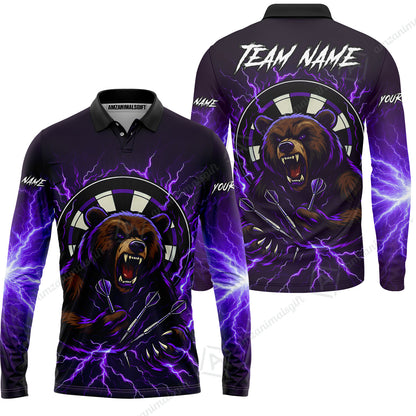 Custom Darts Team Long Sleeve Polo Shirt, Personalized Bear Thunder Lightning Darts Shirt with Name & Team Name