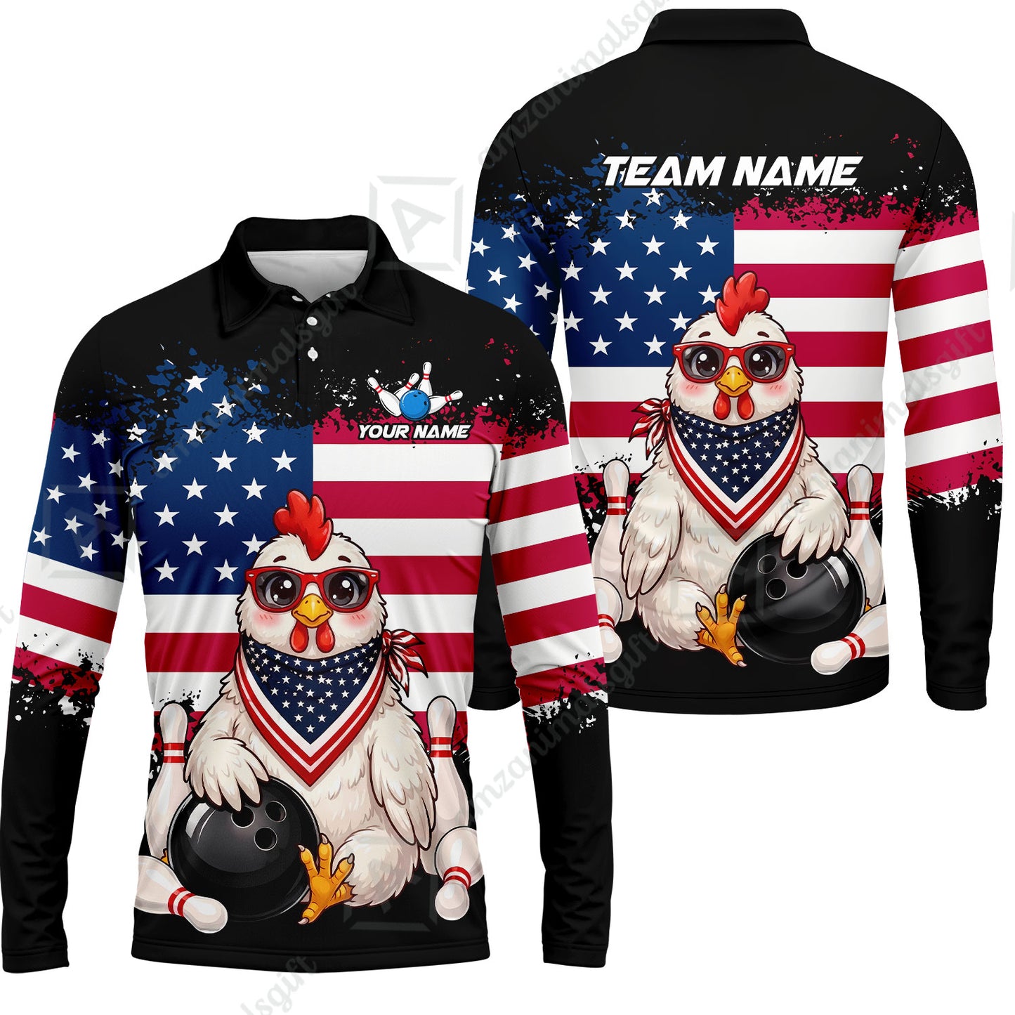 Custom Bowling Jersey Polo Shirt, Animal With Glasses And Bandana America Flag, Personalize Name & Team Name
