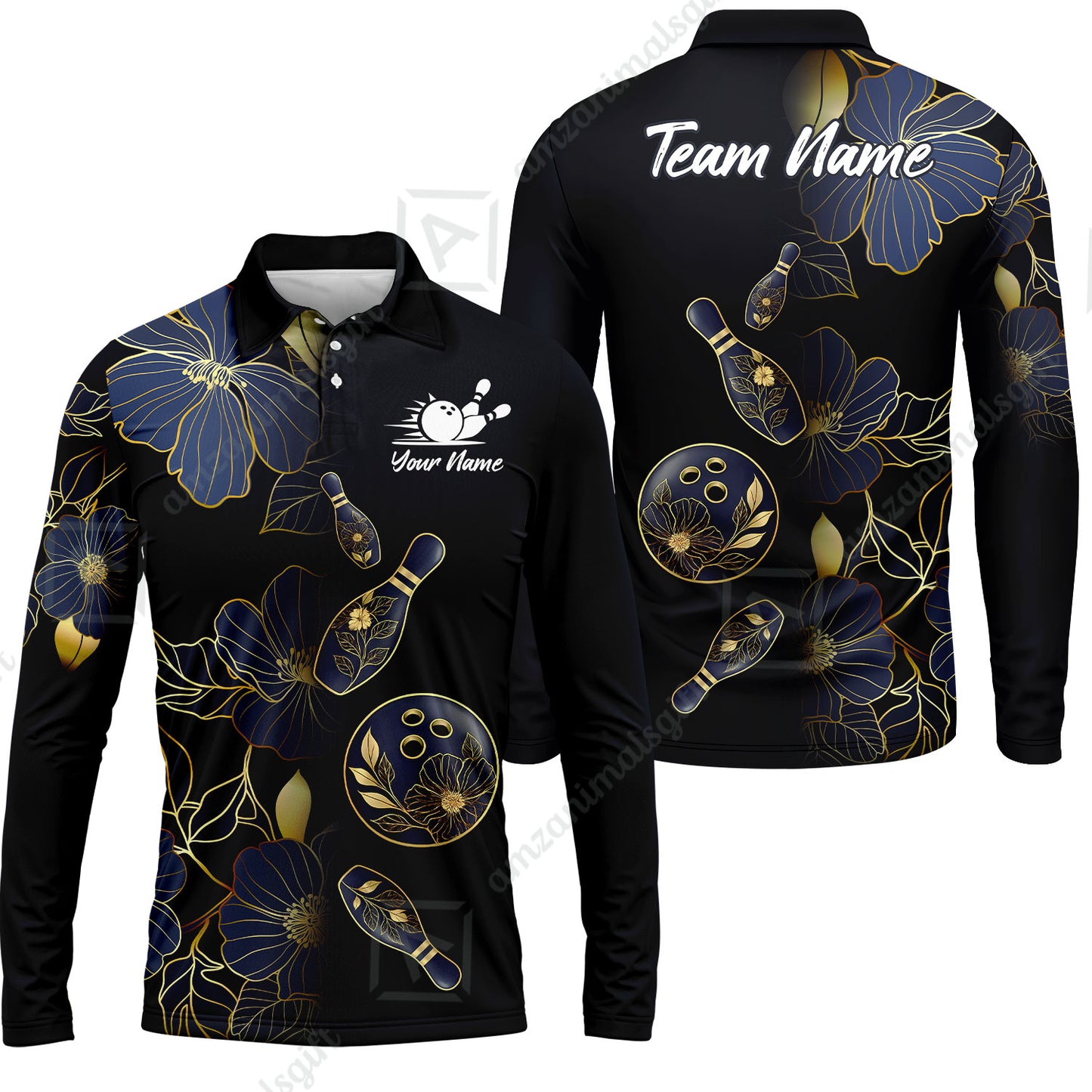 Custom Bowling Jersey Polo Shirt, Flower Bowling Pattern Gradient Gold, Custom Bowling Jersey Team Shirt For Players With Name and Team Name