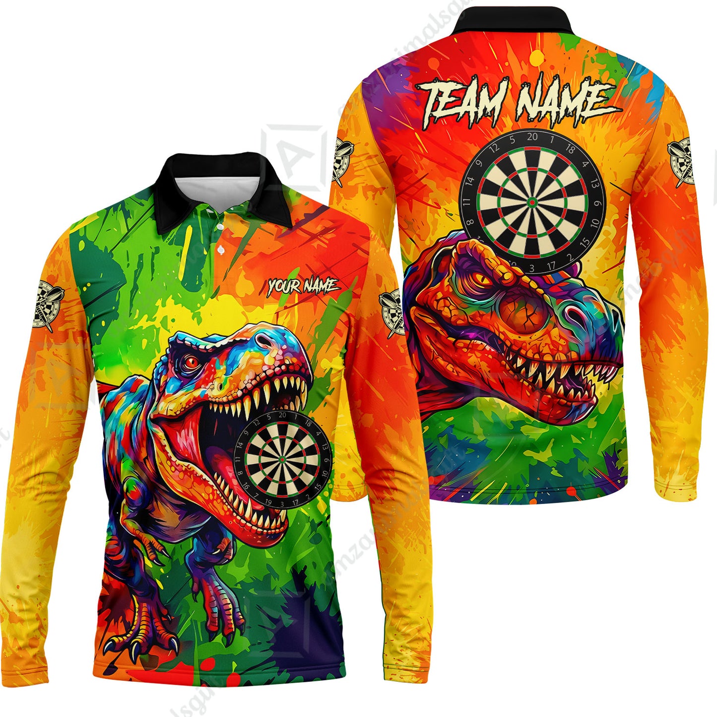 Custom Darts Jersey Polo Shirt, Colorful Splatter T-Rex Dino, Custom Dart Jersey Team Shirt For Players With Name & Team Name