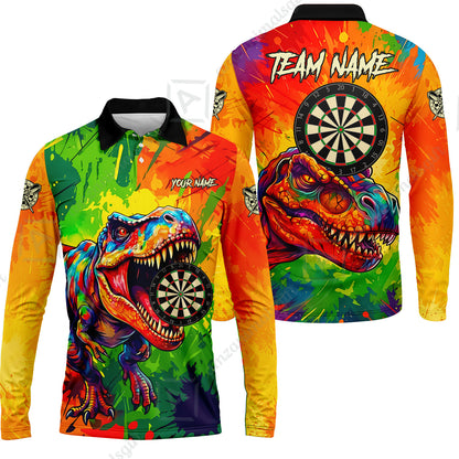 Custom Darts Jersey Polo Shirt, Colorful Splatter T-Rex Dino, Custom Dart Jersey Team Shirt For Players With Name & Team Name