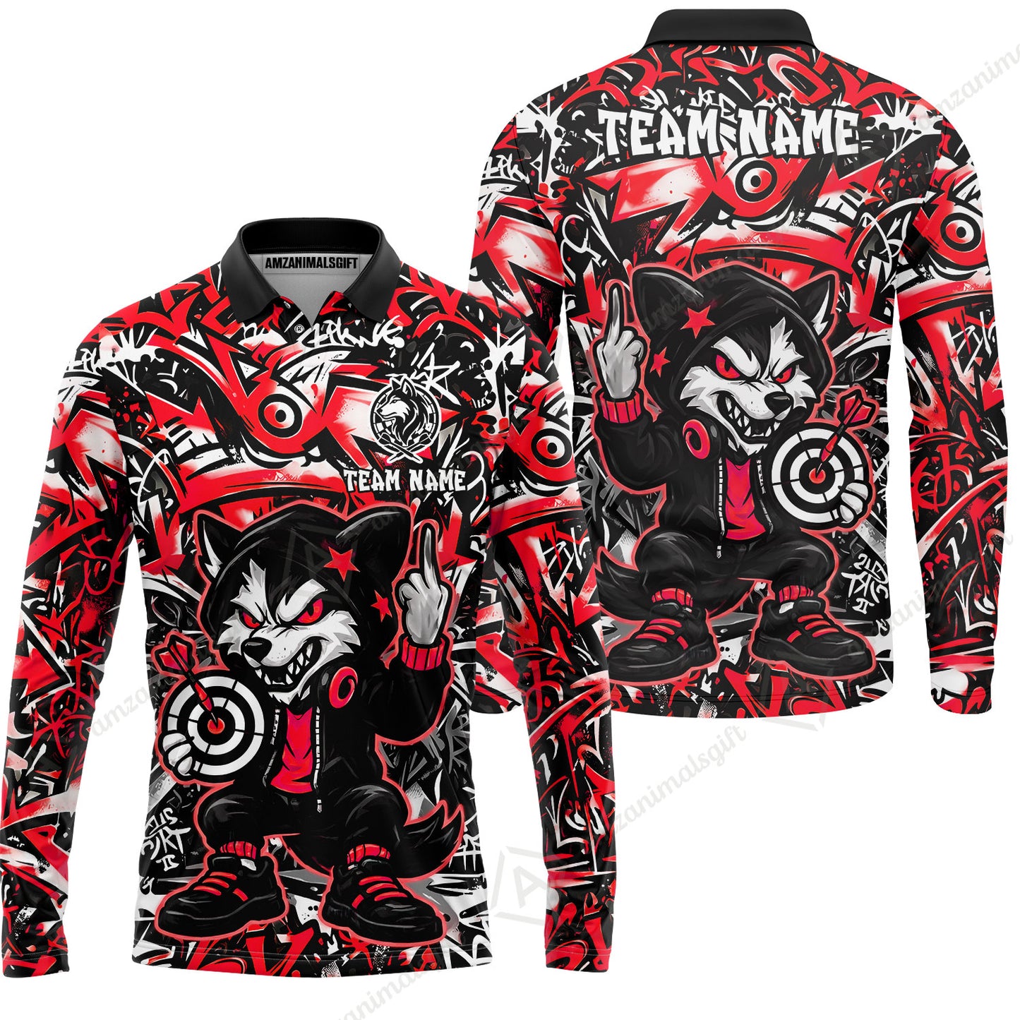 Customized Darts Team Uniform Shirt, Cool Cartoon Wolf With Dartboard, Personalized Name And Team Name