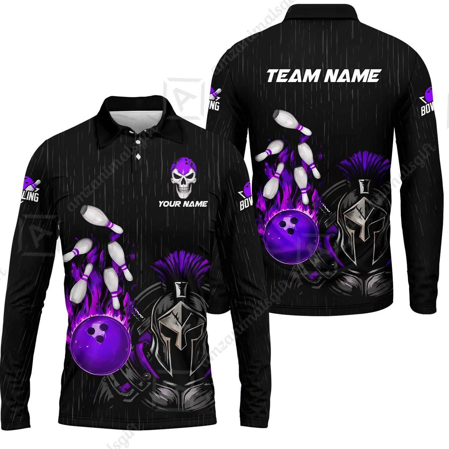 Custom Bowling Jersey Polo Shirt, Fire Bowling Knight Rain Skull Logo, Personalize Name & Team Name