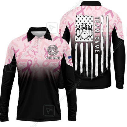 Custom Bowling Jersey Polo Shirt, Ribbon Breast Cancer Awareness Flag, Custom Bowling Jersey Team Shirt For Players With Name and Team Name
