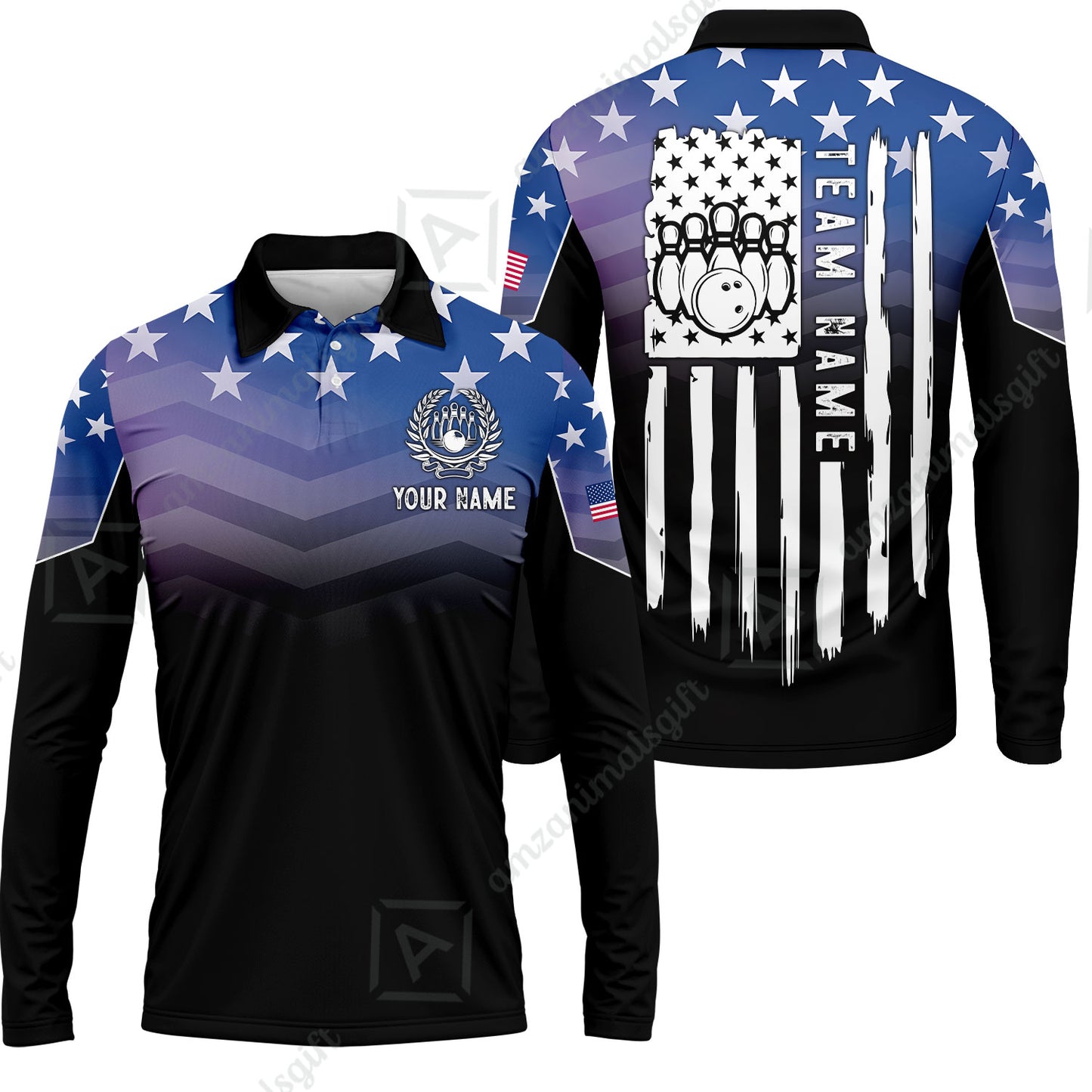 Custom Bowling Jersey Polo Shirt, Vertical Distressed Flag Chevron Gradient, Custom Bowling Jersey Team Shirt For Players With Name and Team Name
