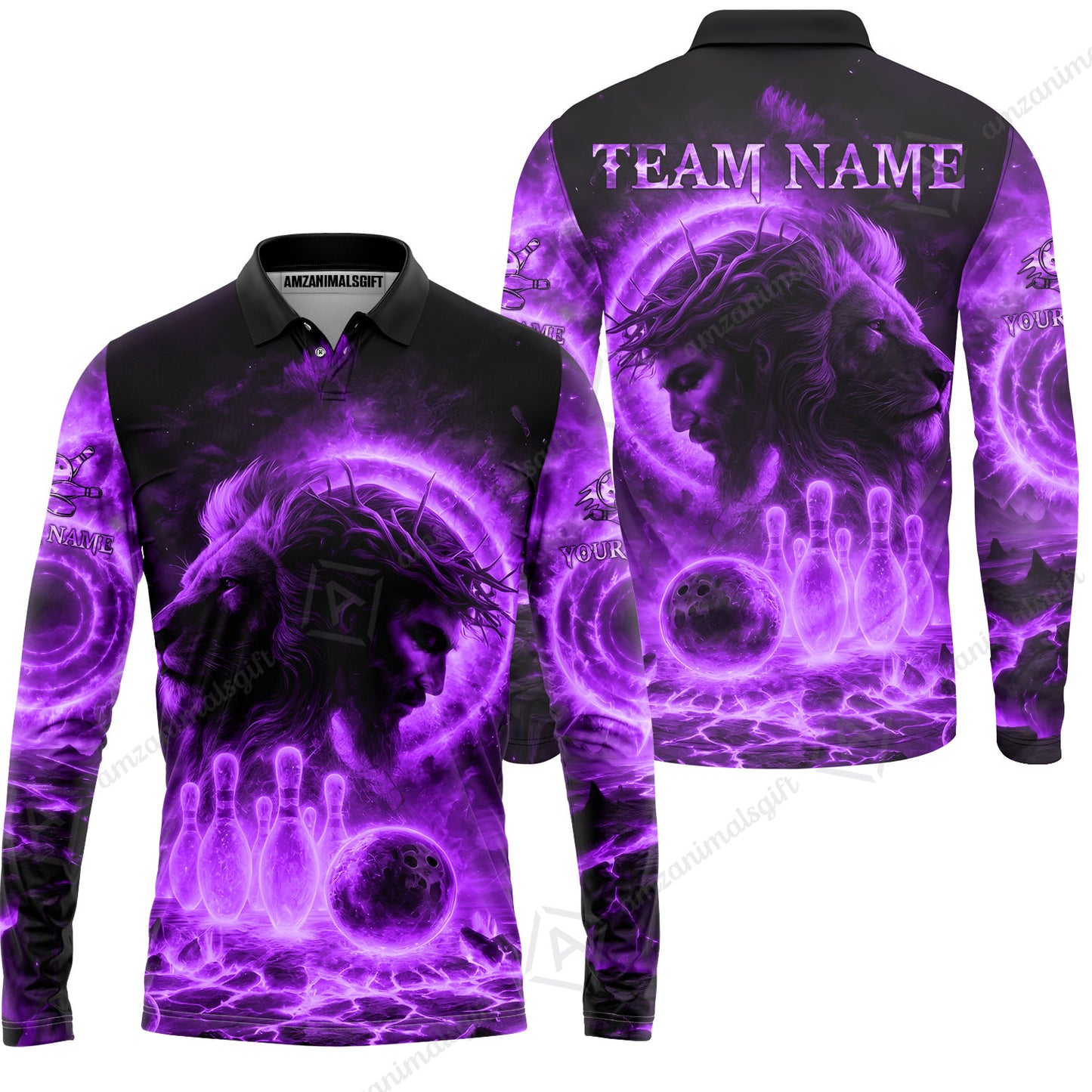 Custom Bowling Team Short Sleeve Men Polo Shirt, Flame The Lion OF Judah With Bowling, Custom Name and Team Name for Bowlers