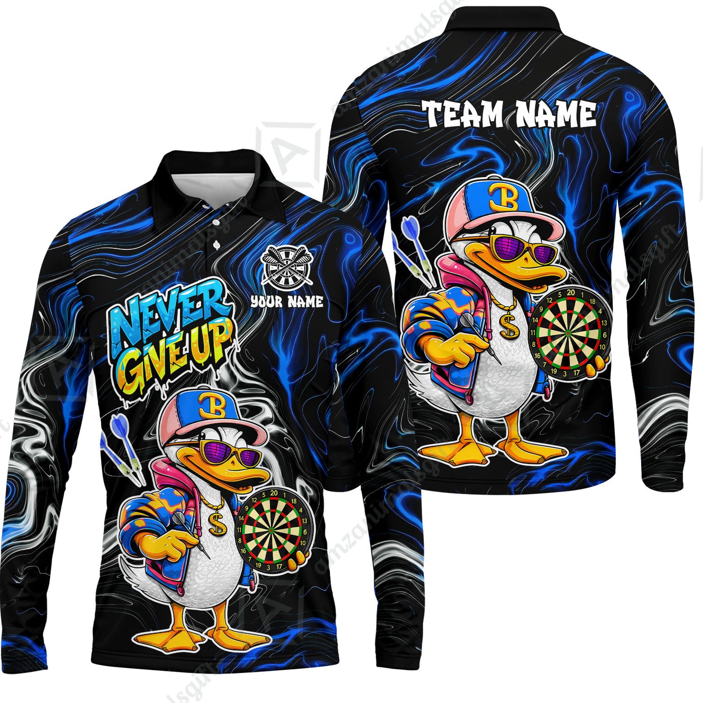 Customized Darts Team Jersey, Duck Never Give Up, Personalized Darts Name And Team Name