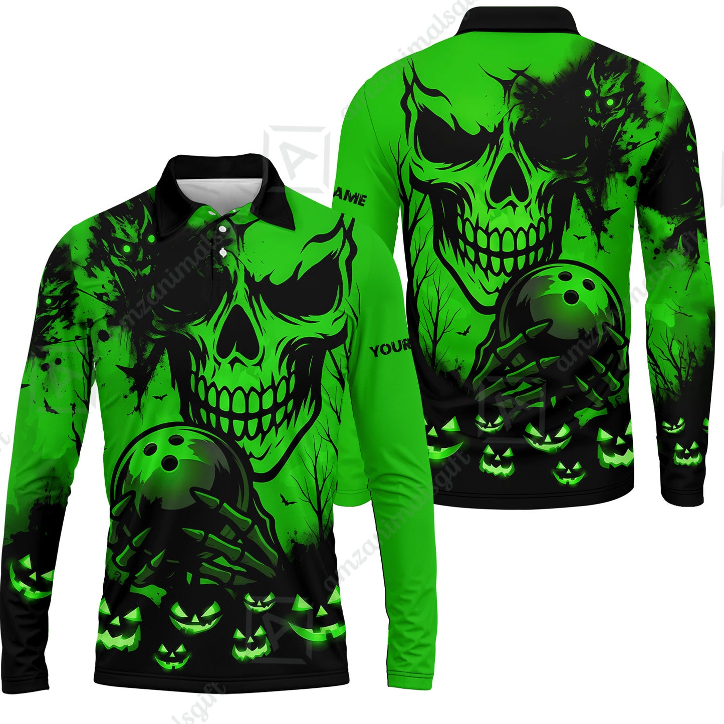 Custom Bowling Jersey Polo Shirt, Pumpkins Skull Halloween, Custom Bowling Jersey Team Shirt For Players With Name & Team Name