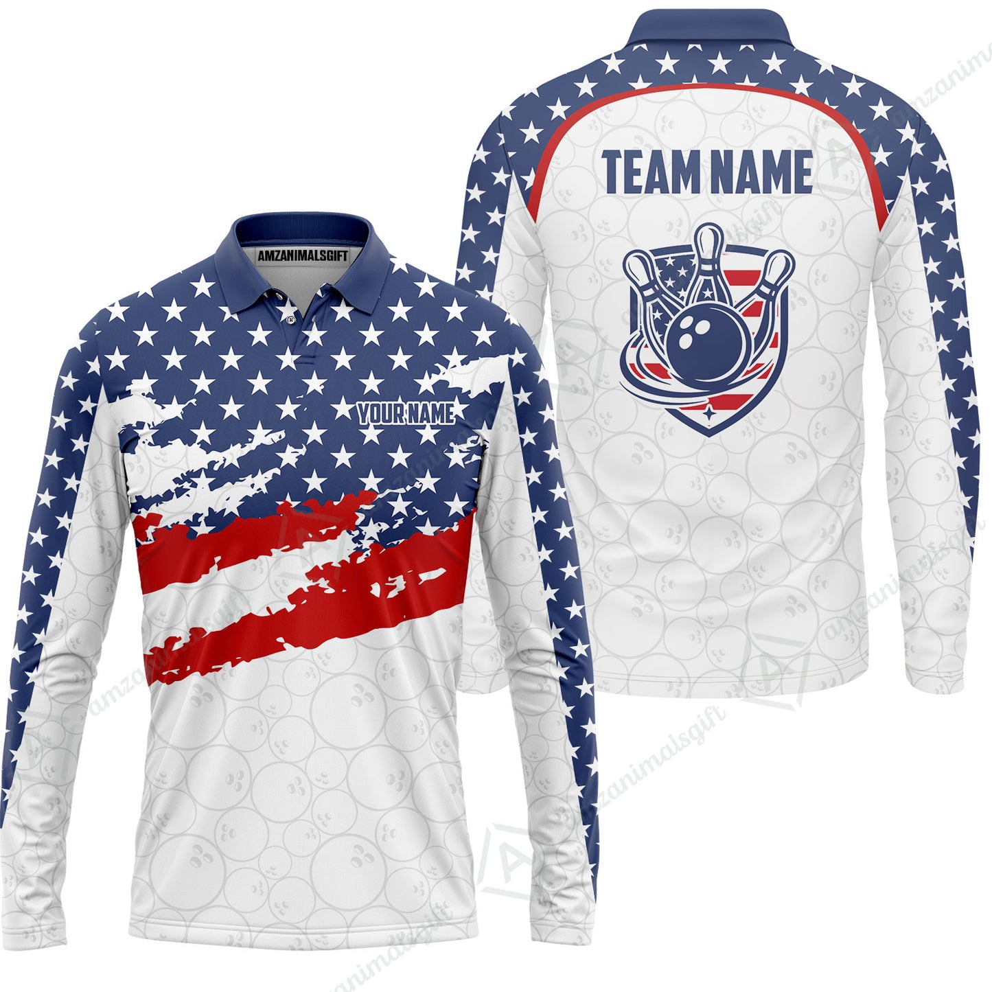 Custom Bowling Jersey Polo Shirt, America Star Flag Bowling, Custom Bowling Jersey Team Shirt For Players With Name & Team Name