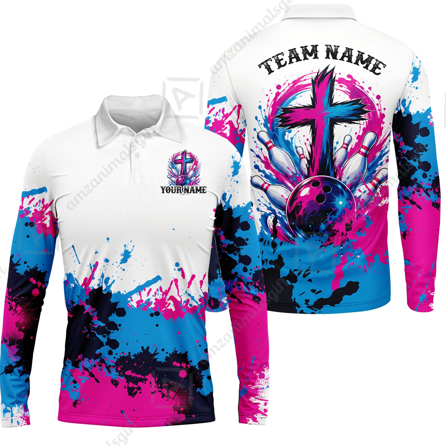 Custom Bowling Jersey Polo Shirt, Splash Pain Bowling Cross Colorful, Custom Bowling Jersey Team Shirt For Players With Name & Team Name
