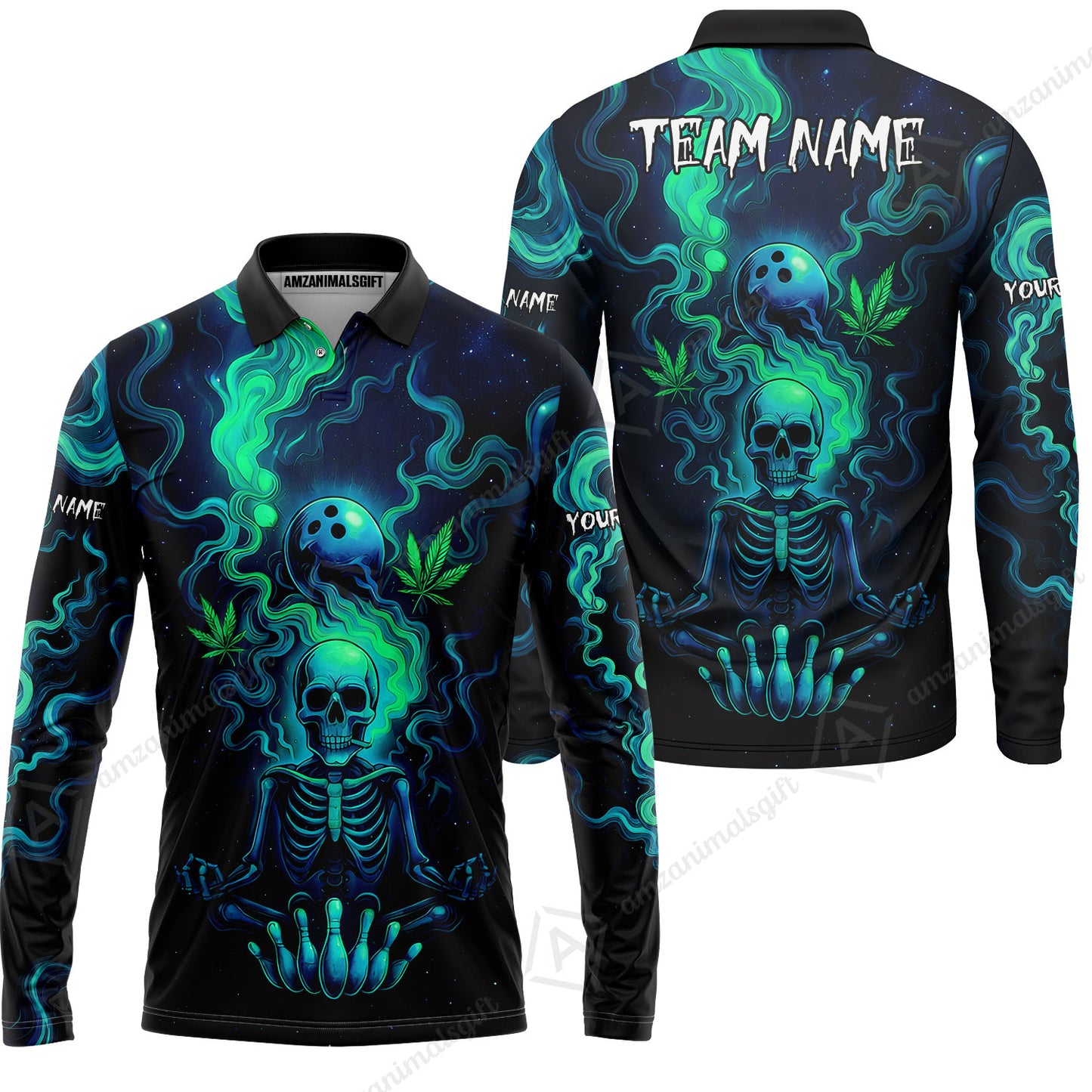 Custom Bowling Team Unisex Polo Shirt, Neon Skull CNB Bowling Custom Shirt Featuring Personalized Name and Team Name