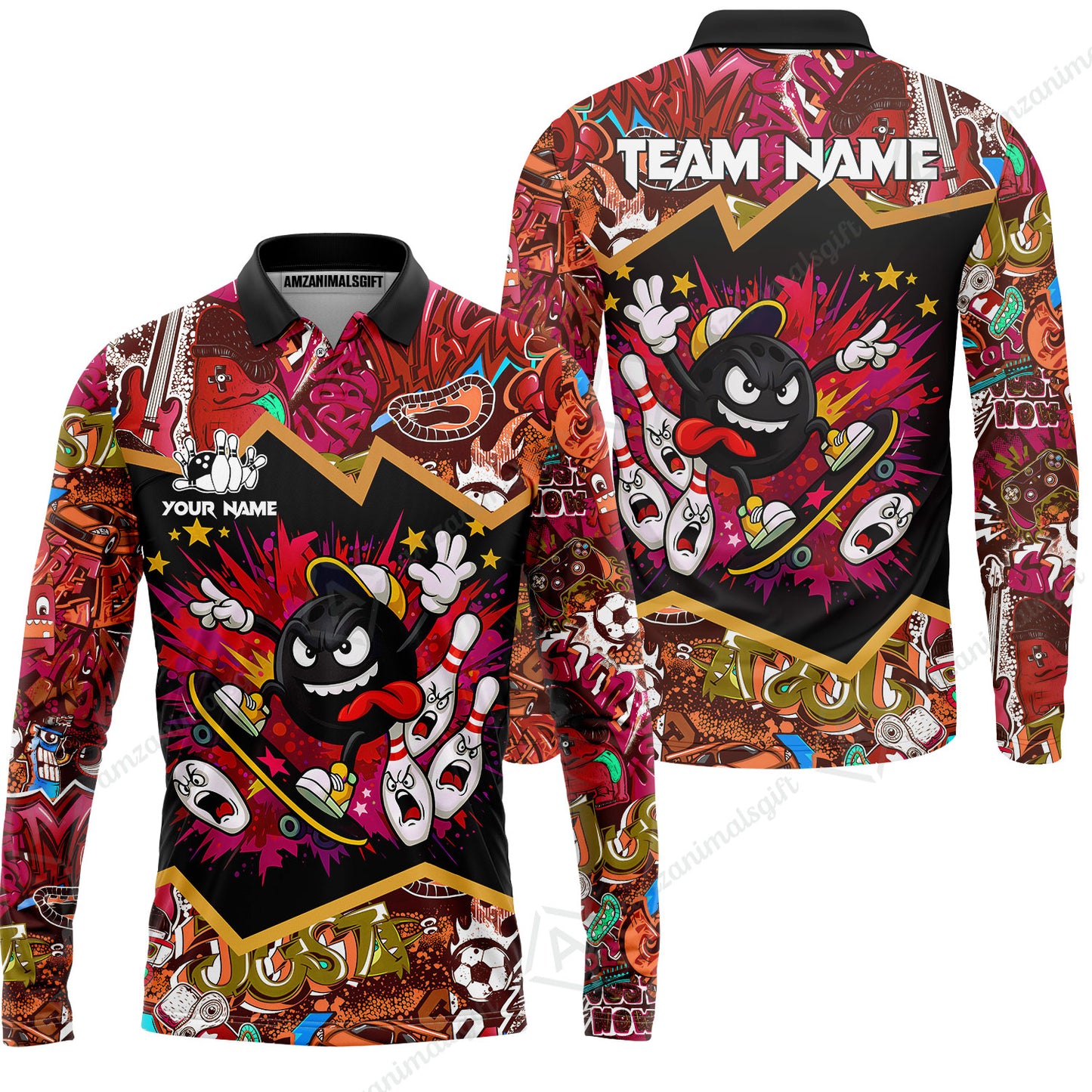 Customized Bowling Unisex Polo Shirt, Skater Bowling Ball Attack, Bowling Uniform, Personalized Name And Team Name