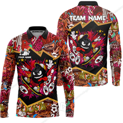 Customized Bowling Unisex Polo Shirt, Skater Bowling Ball Attack, Bowling Uniform, Personalized Name And Team Name