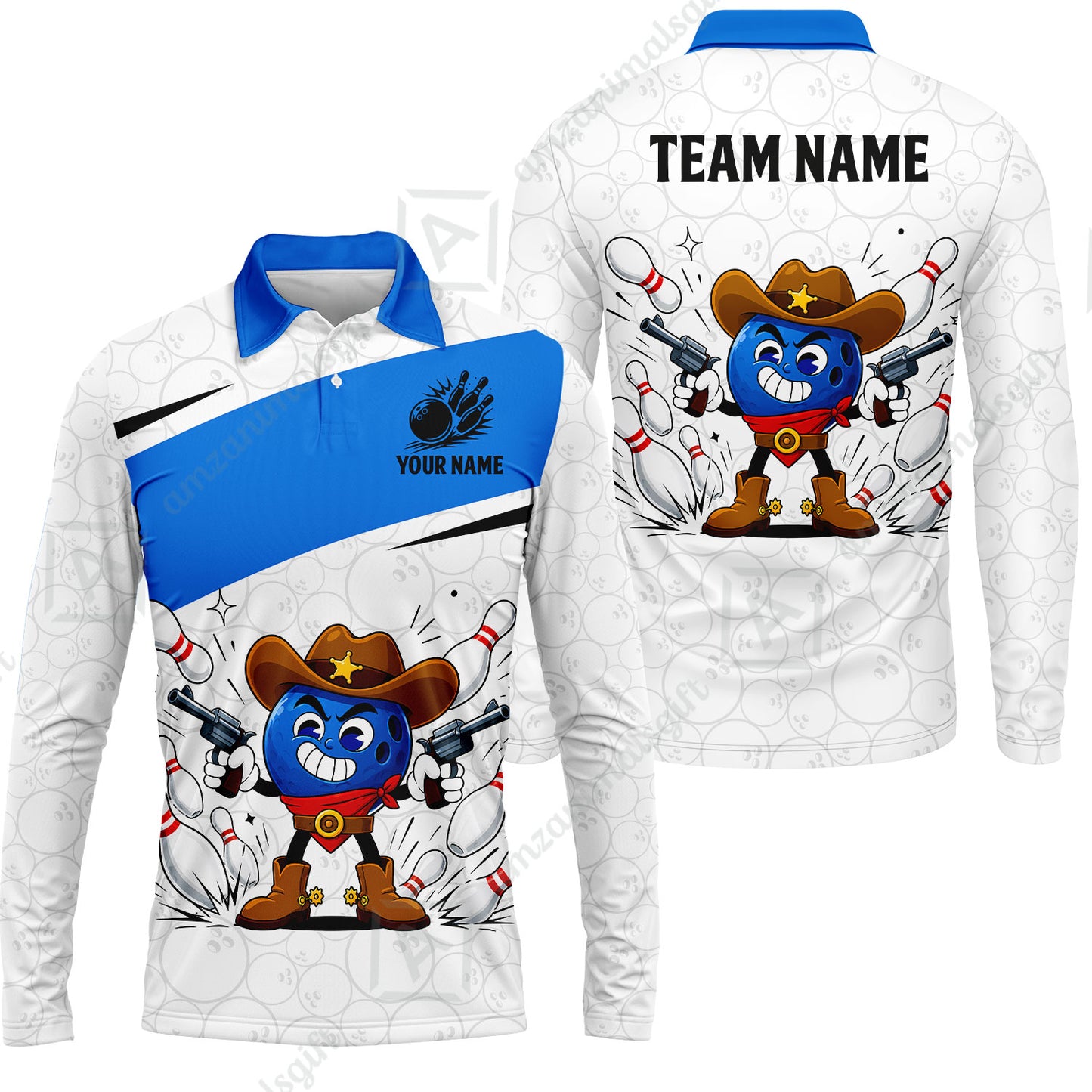 Custom Bowling Jersey Polo Shirt, Retro Cartoon Cowboy Ball, Custom Bowling Jersey Team Shirt For Players With Name and Team Name