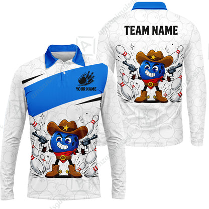 Custom Bowling Jersey Polo Shirt, Retro Cartoon Cowboy Ball, Custom Bowling Jersey Team Shirt For Players With Name and Team Name